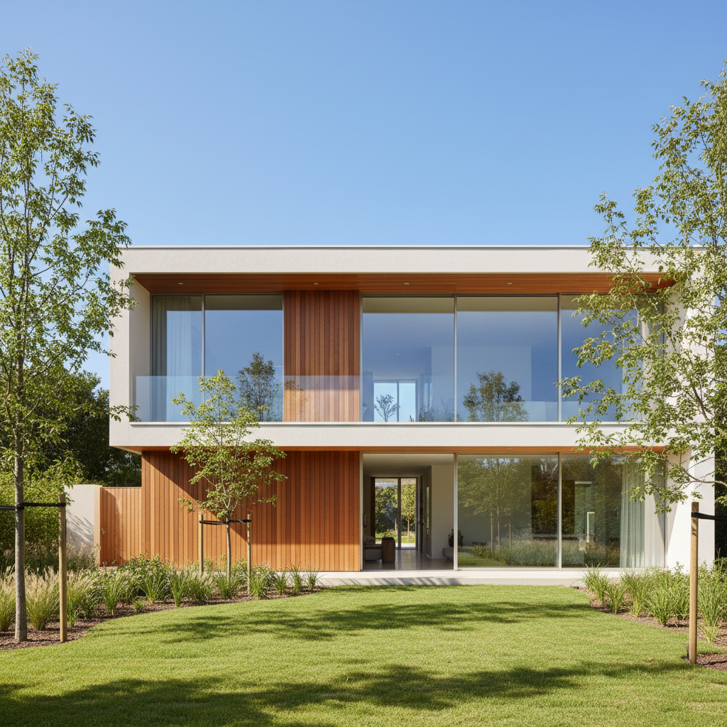 Moderne zweistöckige Villa mit Holzfassade und großen Glasfronten vor einem gepflegten Garten unter blauem Himmel.